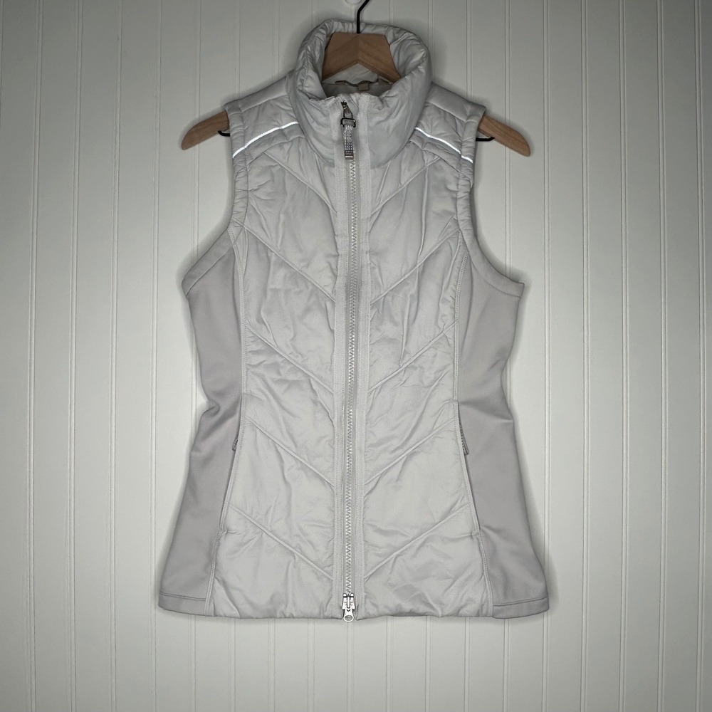 Athleta Womens Puffer Vest S Light Gray Quilted Reflective Running Athletic